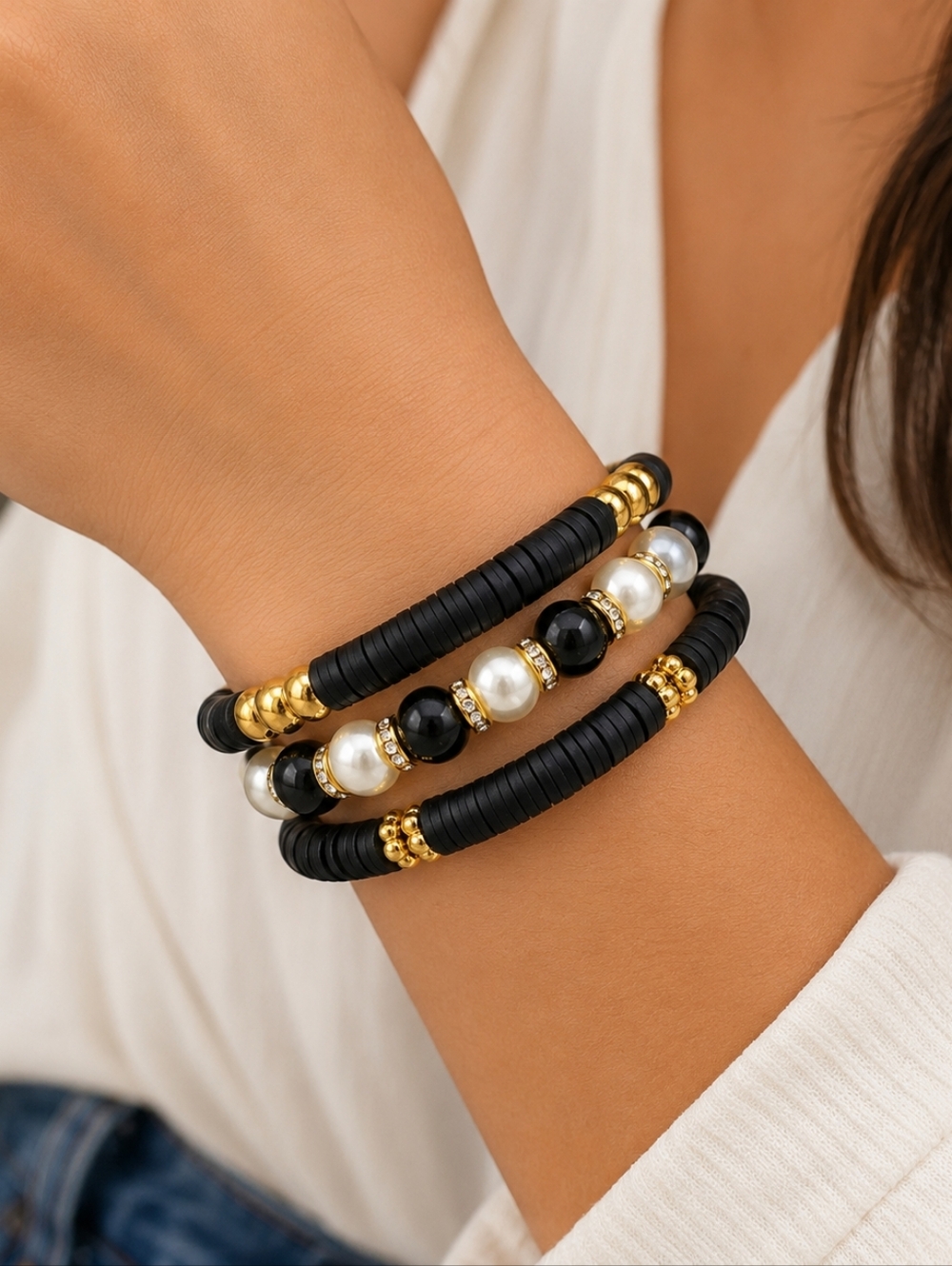 Elegant Black and Gold Beaded Stack Bracelet Set
